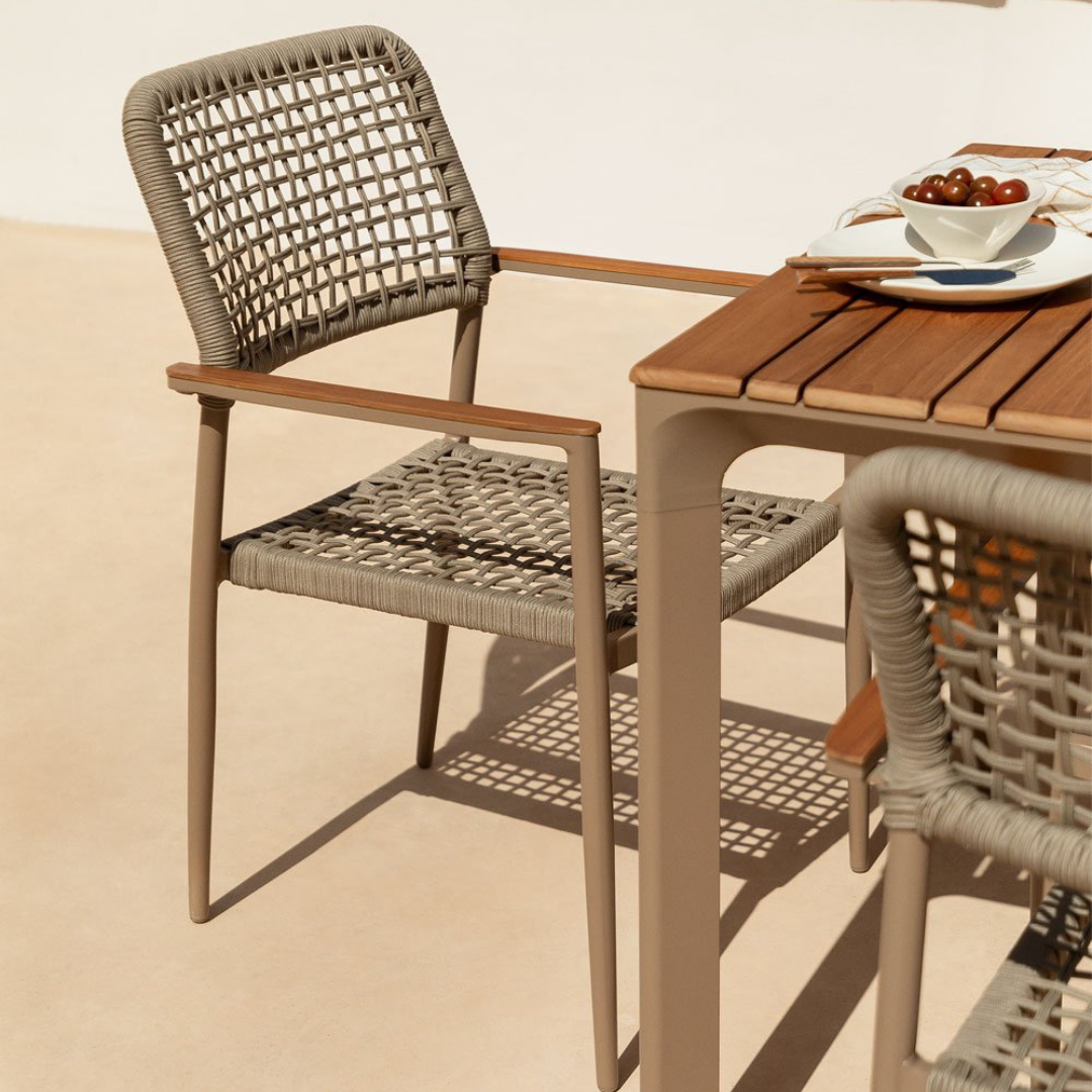 Nediam Stackable Garden Chair with Armrests in Aluminum & Rope