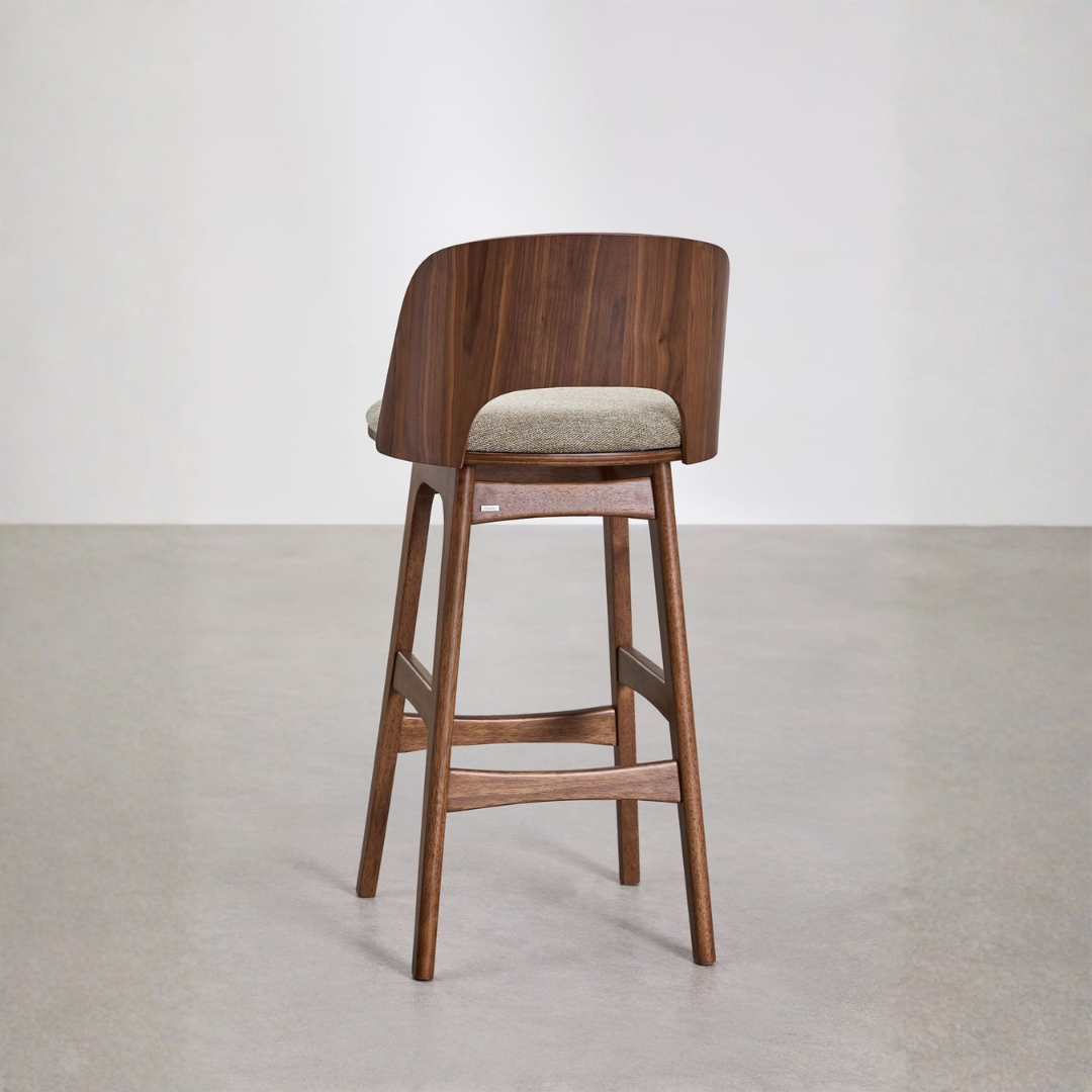 Juna High Stool in Wood and Upholstery with Backrest