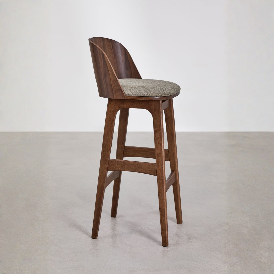 Juna High Stool in Wood and Upholstery with Backrest
