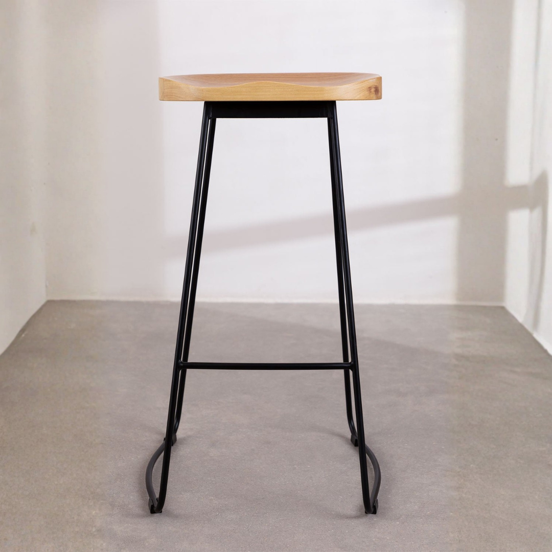 Neicol High Stool - Steel & Elm Wood, Industrial Style