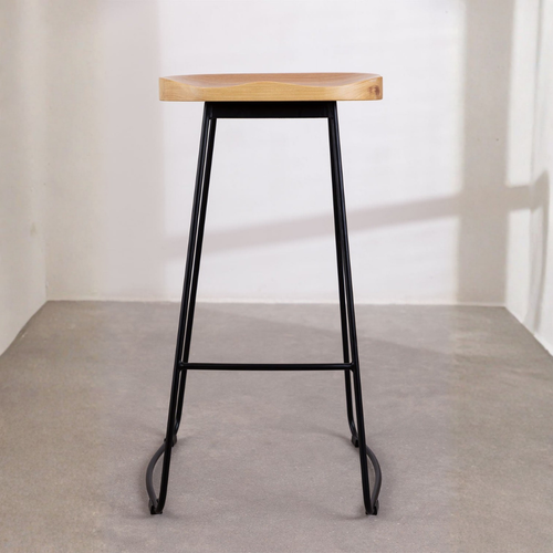 Neicol High Stool - Steel & Elm Wood, Industrial Style