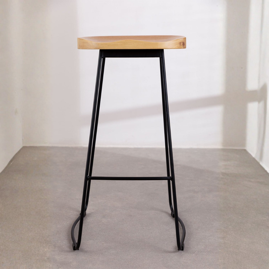 Neicol High Stool - Steel & Elm Wood, Industrial Style