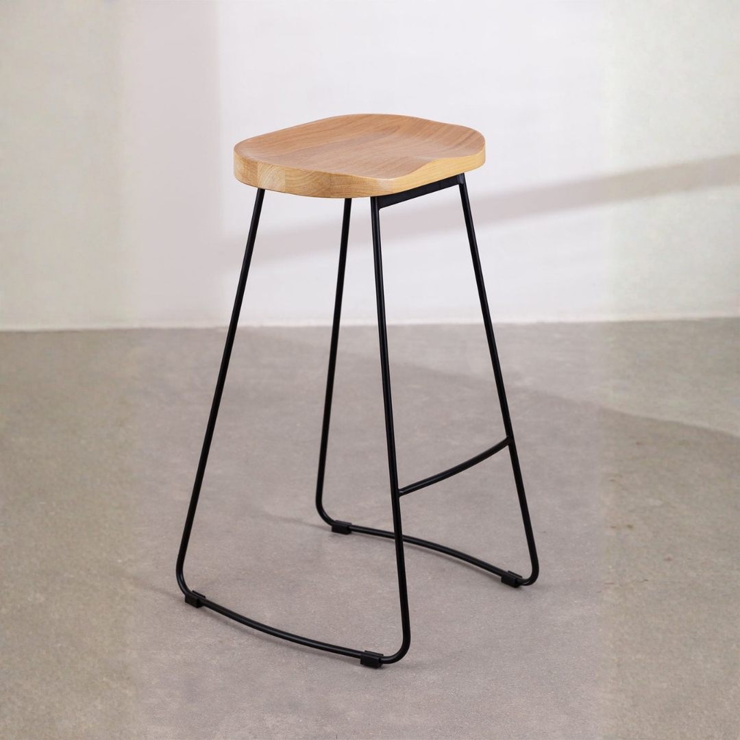 Neicol High Stool - Steel & Elm Wood, Industrial Style