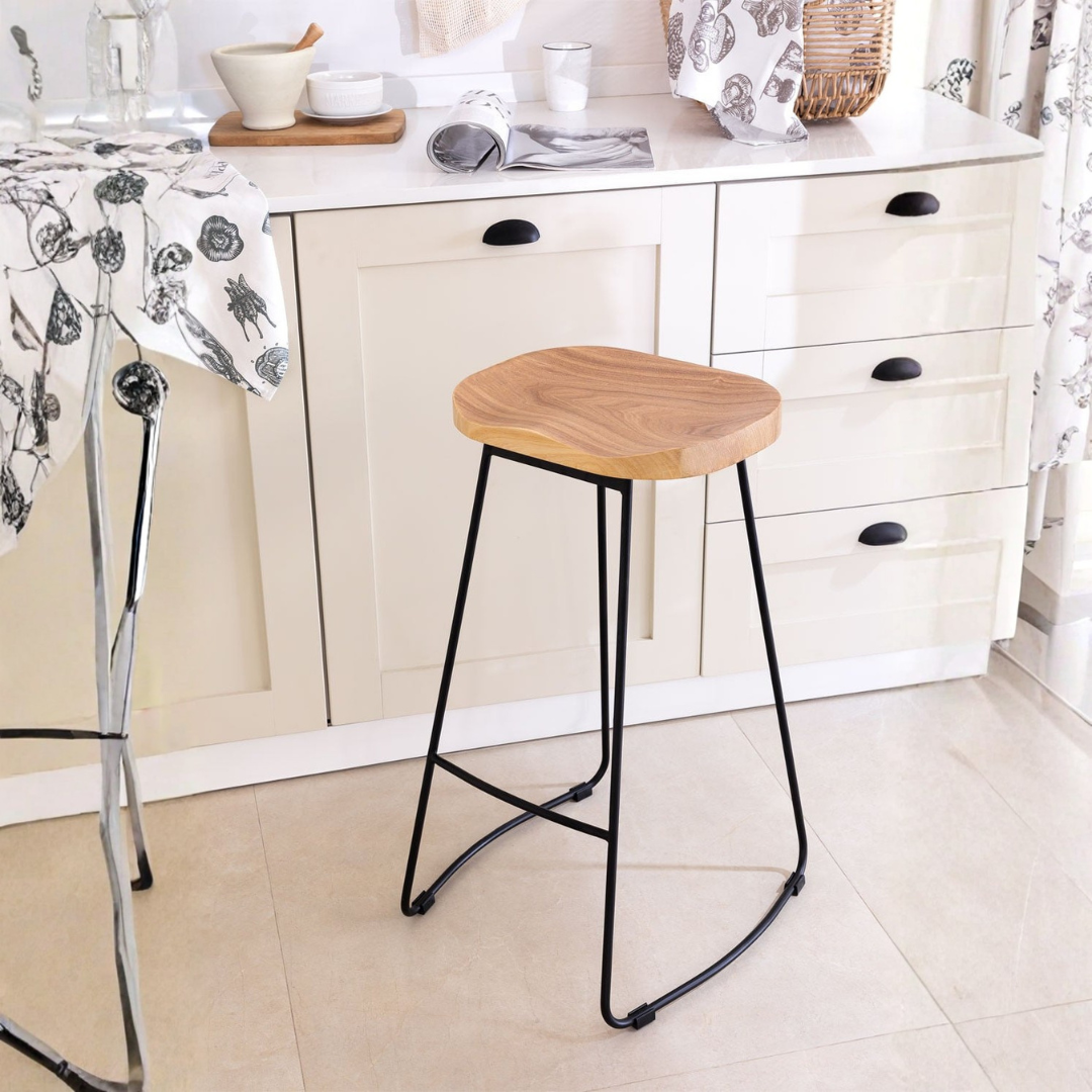 Neicol High Stool - Steel & Elm Wood, Industrial Style