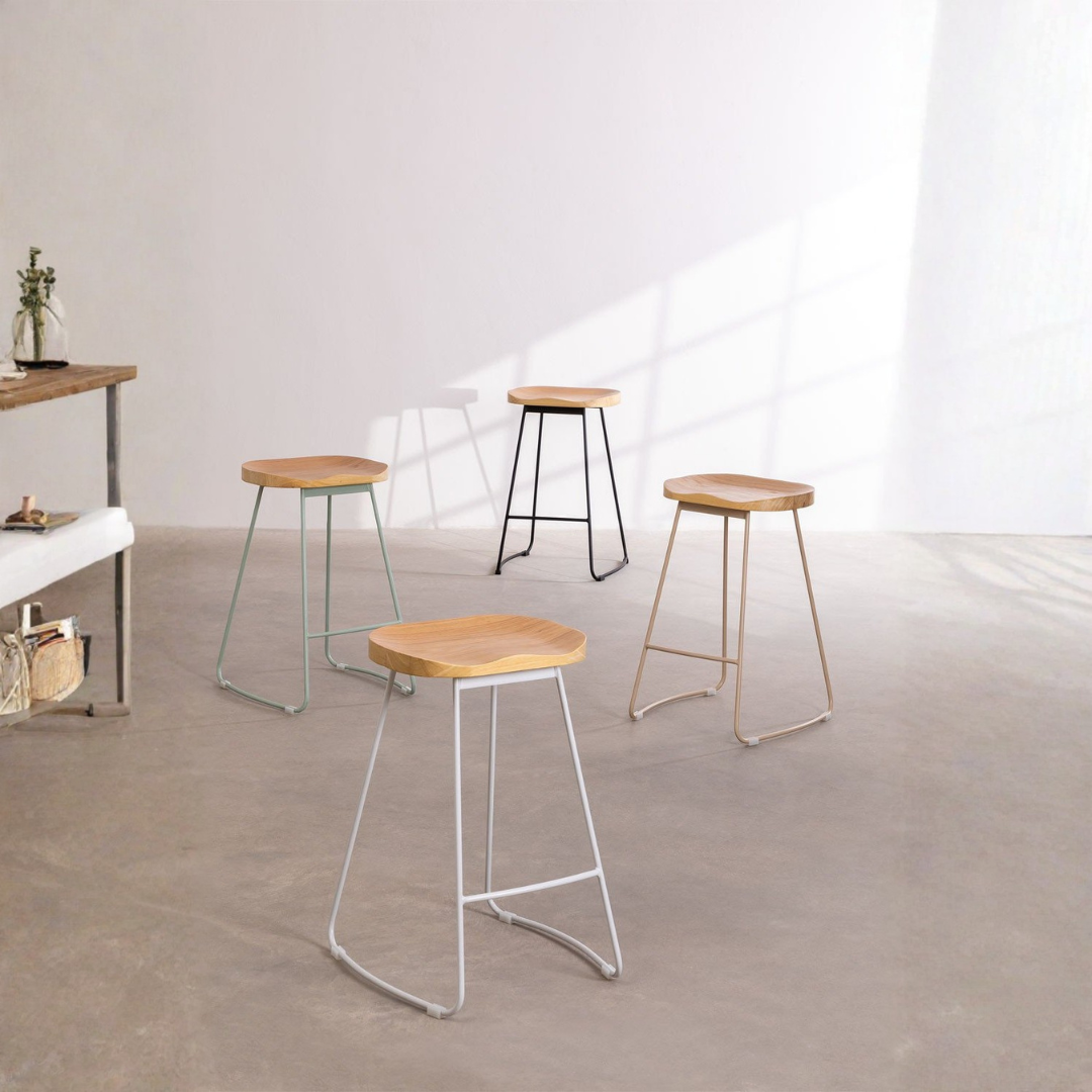 Neicol High Stool - Steel & Elm Wood, Industrial Style