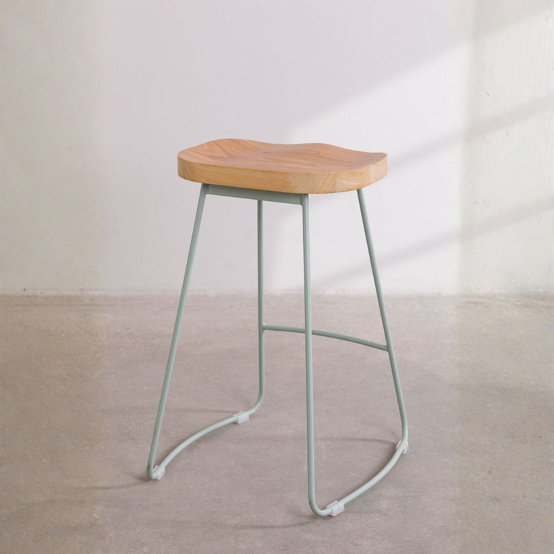 Neicol High Stool - Steel & Elm Wood, Industrial Style