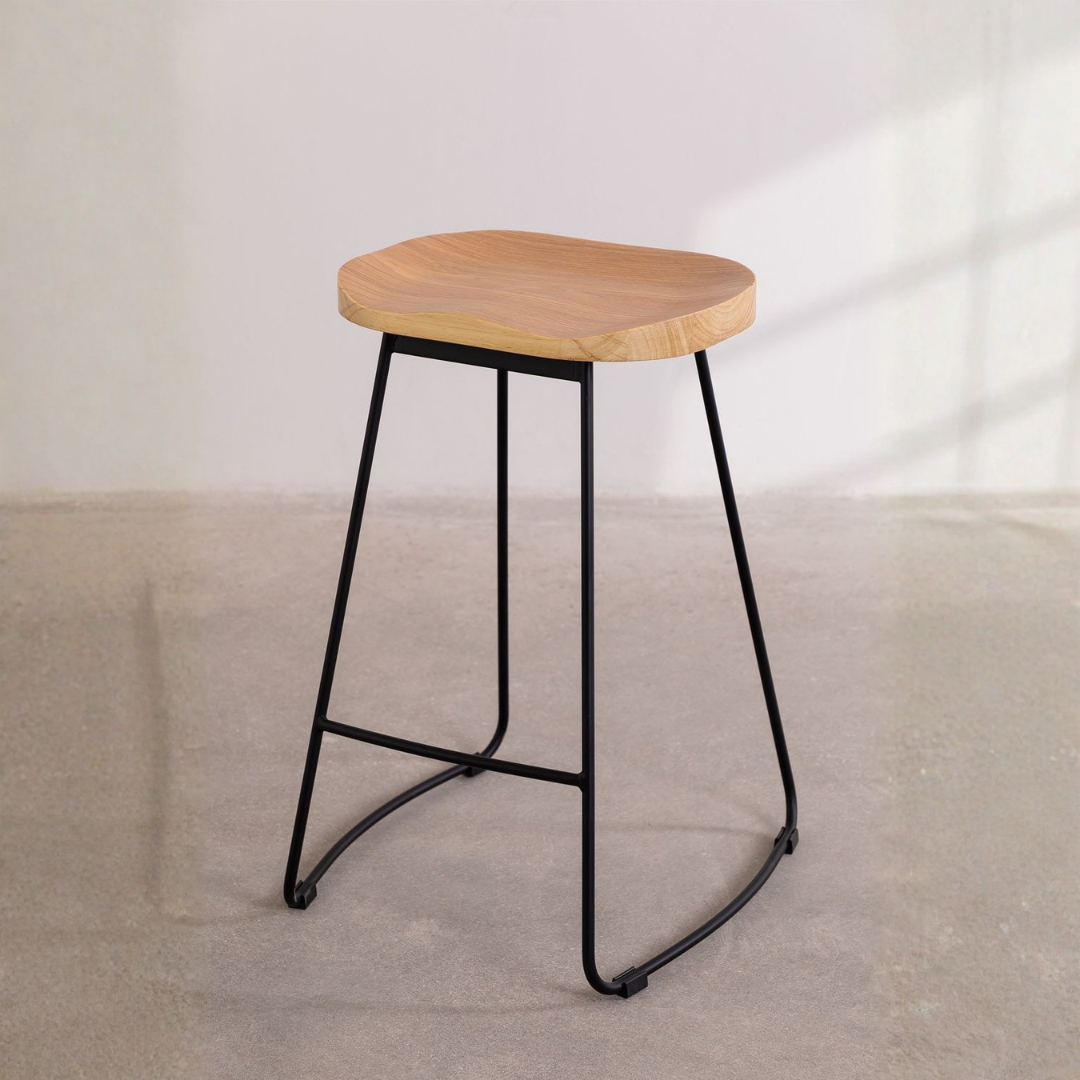 Neicol High Stool - Steel & Elm Wood, Industrial Style