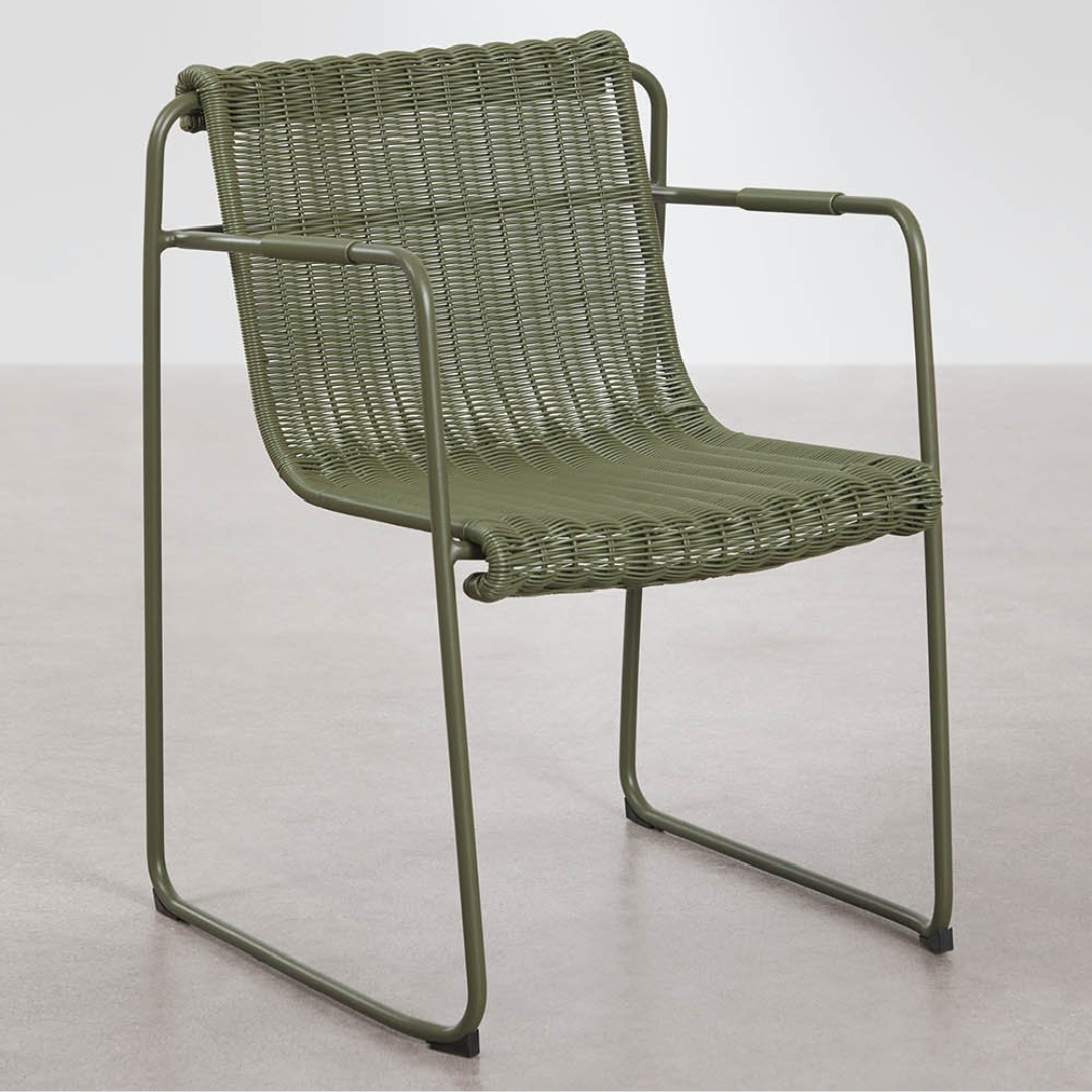 Revia Stackable Dining Chair with Armrests - Synthetic Wicker & Steel