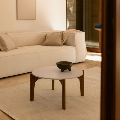 Xajul Round Coffee Table in Cement & Acacia Wood